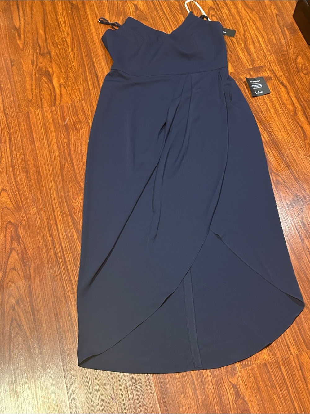 Lulus Reinette Navy Blue Tulip Midi Dress Size Medium NWT